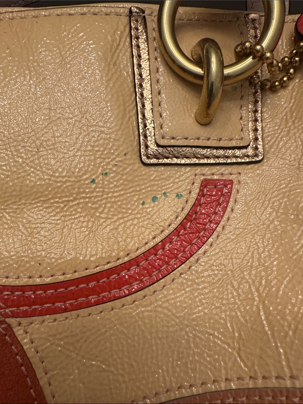 Coach Beige Leather Patchwork Tote with Coral and Tan Accents - Picture 4 of 7